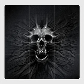 Магнитный плакат 3Х3 с принтом ЧЕРЕП С КЛЫКАМИ в Белгороде, Полимерный материал с магнитным слоем | 9 деталей размером 9*9 см | dark | death | fear | skelet | skull | байкерам | голова | готика | клыки | кости | крик | оскал | скелет | тьма | ужас | череп | черный