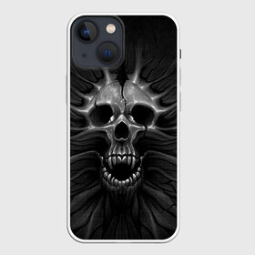 Чехол для iPhone 13 mini с принтом ЧЕРЕП С КЛЫКАМИ в Белгороде,  |  | dark | death | fear | skelet | skull | байкерам | голова | готика | клыки | кости | крик | оскал | скелет | тьма | ужас | череп | черный