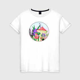 Женская футболка хлопок с принтом Грибы в Белгороде, 100% хлопок | прямой крой, круглый вырез горловины, длина до линии бедер, слегка спущенное плечо | грибы | закат | мухоморы | растения