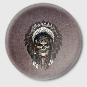 Значок с принтом Индеец в Белгороде,  металл | круглая форма, металлическая застежка в виде булавки | Тематика изображения на принте: арт | графика | индеец | скелет | череп