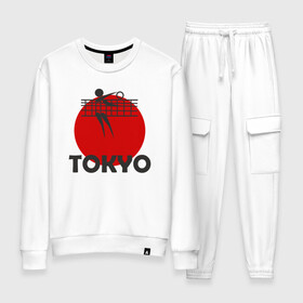 Женский костюм хлопок с принтом Волейбол - Токио в Белгороде, 100% хлопок | на свитшоте круглая горловина, мягкая резинка по низу. Брюки заужены к низу, на них два вида карманов: два 