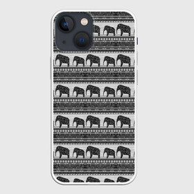 Чехол для iPhone 13 mini с принтом Черно белый узор слоны в Белгороде,  |  | Тематика изображения на принте: африканский | монохромный узор | орнамент | полосы | серый | серый и черный | слоны | этнический