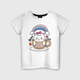 Детская футболка хлопок с принтом Милая кошечка в чашке кофе в Белгороде, 100% хлопок | круглый вырез горловины, полуприлегающий силуэт, длина до линии бедер | кот | котик | котята | кофе | кошечка | кошка | радуга | чашка кофе