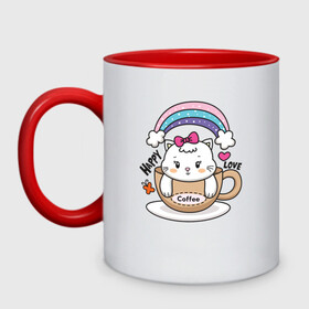 Кружка двухцветная с принтом Милая кошечка в чашке кофе в Белгороде, керамика | объем — 330 мл, диаметр — 80 мм. Цветная ручка и кайма сверху, в некоторых цветах — вся внутренняя часть | кот | котик | котята | кофе | кошечка | кошка | радуга | чашка кофе