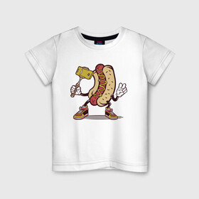 Детская футболка хлопок с принтом Хотдог сэлфи в Белгороде, 100% хлопок | круглый вырез горловины, полуприлегающий силуэт, длина до линии бедер | Тематика изображения на принте: еда | прикол | сосиска | сосиска в тесте | сэлфи | фотка | хот дог | хотдог