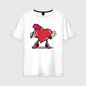 Женская футболка хлопок Oversize с принтом Сердечко сэлфи в Белгороде, 100% хлопок | свободный крой, круглый ворот, спущенный рукав, длина до линии бедер
 | peace | selfi | мир | сердечко | сердце | сэлфи | фотка