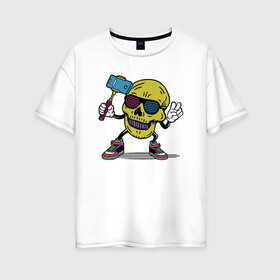 Женская футболка хлопок Oversize с принтом Череп сэлфи в Белгороде, 100% хлопок | свободный крой, круглый ворот, спущенный рукав, длина до линии бедер
 | peace | selfi | мир | скелет | сэлфи | фотка | череп | черепушка