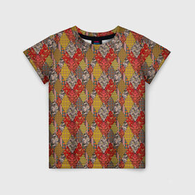 Детская футболка 3D с принтом Осенний пэчворк в Белгороде, 100% гипоаллергенный полиэфир | прямой крой, круглый вырез горловины, длина до линии бедер, чуть спущенное плечо, ткань немного тянется | деревенский | для дома | заплатки | лоскуты | модный | оранжевый | пэчворк | рыжий | фольклор