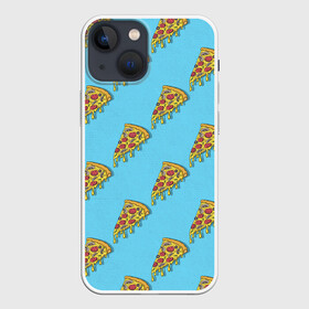 Чехол для iPhone 13 mini с принтом Пицца паттерн на голубом в Белгороде,  |  | еда | итальянская кухня | кусок пиццы | паттерн | пицца | пицца пепперони | пицца с колбасой и сыром | слайс | фаст фуд