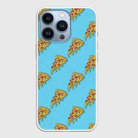 Чехол для iPhone 13 Pro с принтом Пицца паттерн на голубом в Белгороде,  |  | Тематика изображения на принте: еда | итальянская кухня | кусок пиццы | паттерн | пицца | пицца пепперони | пицца с колбасой и сыром | слайс | фаст фуд