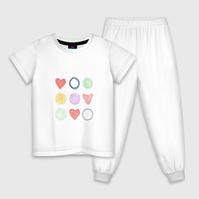 Детская пижама хлопок с принтом Цветные сердца и круги в Белгороде, 100% хлопок |  брюки и футболка прямого кроя, без карманов, на брюках мягкая резинка на поясе и по низу штанин
 | Тематика изображения на принте: карандаш | круги | рисование | сердце | узор