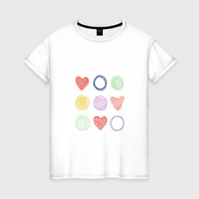 Женская футболка хлопок с принтом Цветные сердца и круги в Белгороде, 100% хлопок | прямой крой, круглый вырез горловины, длина до линии бедер, слегка спущенное плечо | карандаш | круги | рисование | сердце | узор