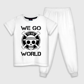 Детская пижама хлопок с принтом WE GO TO THE WORLD One Piece в Белгороде, 100% хлопок |  брюки и футболка прямого кроя, без карманов, на брюках мягкая резинка на поясе и по низу штанин
 | anime | manga | one piece | аниме | большой куш | ван пис | весёлый роджер | вон пис | король пиратов | логотип | манга | монки д. луффи | мугивары | перекрещённый костями | пират | пиратский флаг