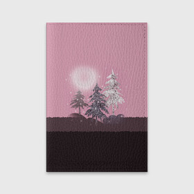 Обложка для паспорта матовая кожа с принтом Розовое сияние  в Белгороде, натуральная матовая кожа | размер 19,3 х 13,7 см; прозрачные пластиковые крепления | Тематика изображения на принте: елка | ель | зима | коричневый и розовый | лес | луна | мозаика | мозаичный узор | новогодний | розовый | солнце | утро