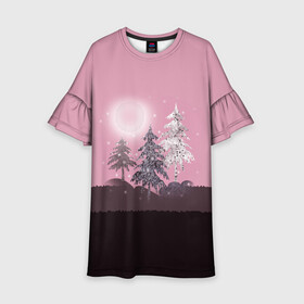 Детское платье 3D с принтом Розовое сияние  в Белгороде, 100% полиэстер | прямой силуэт, чуть расширенный к низу. Круглая горловина, на рукавах — воланы | елка | ель | зима | коричневый и розовый | лес | луна | мозаика | мозаичный узор | новогодний | розовый | солнце | утро