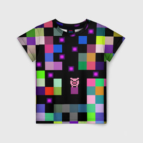 Детская футболка 3D с принтом Arcade Pig в Белгороде, 100% гипоаллергенный полиэфир | прямой крой, круглый вырез горловины, длина до линии бедер, чуть спущенное плечо, ткань немного тянется | аркада | аркадная игра | мозайка из пикселей | разноцветные квадраты | свинка | свинья на кубе | цифровые кубики