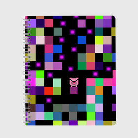 Тетрадь с принтом Arcade Pig в Белгороде, 100% бумага | 48 листов, плотность листов — 60 г/м2, плотность картонной обложки — 250 г/м2. Листы скреплены сбоку удобной пружинной спиралью. Уголки страниц и обложки скругленные. Цвет линий — светло-серый
 | аркада | аркадная игра | мозайка из пикселей | разноцветные квадраты | свинка | свинья на кубе | цифровые кубики