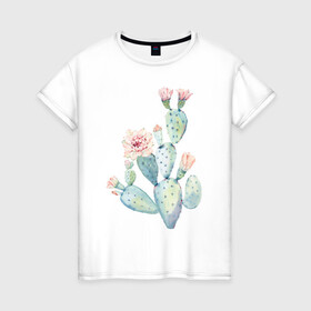 Женская футболка хлопок с принтом Нежный акварельный кактус  в Белгороде, 100% хлопок | прямой крой, круглый вырез горловины, длина до линии бедер, слегка спущенное плечо | акварель | кактус | колючий | нежный акварельный кактус | растение | цветок