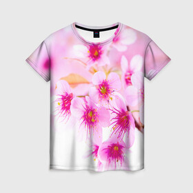 Женская футболка 3D с принтом Весеннее цветение вишни в Белгороде, 100% полиэфир ( синтетическое хлопкоподобное полотно) | прямой крой, круглый вырез горловины, длина до линии бедер | бутоны | весна | девушкам | красивые | розовые | сакура | цветение | цветы | яблоня