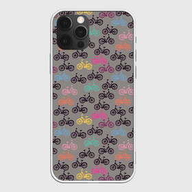 Чехол для iPhone 12 Pro с принтом Цветные велосипеды паттерн в Белгороде, силикон | область печати: задняя сторона чехла, без боковых панелей | велосипеды | велоспорт | горные велосипеды | паттерн | спортивные велосипеды | спортивный | цветной принт