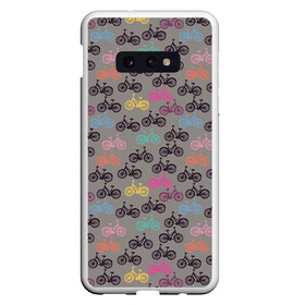 Чехол для Samsung S10E с принтом Цветные велосипеды паттерн в Белгороде, Силикон | Область печати: задняя сторона чехла, без боковых панелей | велосипеды | велоспорт | горные велосипеды | паттерн | спортивные велосипеды | спортивный | цветной принт