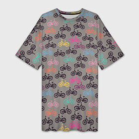 Платье-футболка 3D с принтом Цветные велосипеды паттерн в Белгороде,  |  | велосипеды | велоспорт | горные велосипеды | паттерн | спортивные велосипеды | спортивный | цветной принт