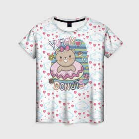 Женская футболка 3D с принтом Мишка в пончике в Белгороде, 100% полиэфир ( синтетическое хлопкоподобное полотно) | прямой крой, круглый вырез горловины, длина до линии бедер | Тематика изображения на принте: девочка | медведь | медвежонок | мишка | пончик | сладости