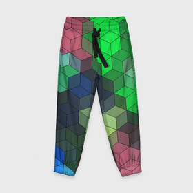 Детские брюки 3D с принтом Разноцветный геометрический уз в Белгороде, 100% полиэстер | манжеты по низу, эластичный пояс регулируется шнурком, по бокам два кармана без застежек, внутренняя часть кармана из мелкой сетки | абстрактный | зеленый | молодежный | разноцветный узор | ромбы | синий | текстура