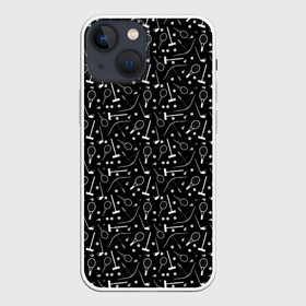 Чехол для iPhone 13 mini с принтом Черно белый спортивный узор в Белгороде,  |  | клюшка | лук | молодежный | монохромный | мяч | поло | ракетка | спортивный инвентарь | стрелы