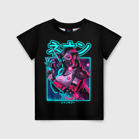 Детская футболка 3D с принтом Neon girl в Белгороде, 100% гипоаллергенный полиэфир | прямой крой, круглый вырез горловины, длина до линии бедер, чуть спущенное плечо, ткань немного тянется | anime | girl | hieroglyphs | katana | neon | samurai | аниме | девушка | иероглифы | катана | неон | самурай