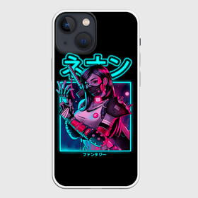 Чехол для iPhone 13 mini с принтом Neon girl в Белгороде,  |  | anime | girl | hieroglyphs | katana | neon | samurai | аниме | девушка | иероглифы | катана | неон | самурай