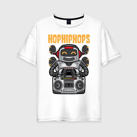 Женская футболка хлопок Oversize с принтом Улыбающийся робот в Белгороде, 100% хлопок | свободный крой, круглый ворот, спущенный рукав, длина до линии бедер
 | hip hоp | динамики | магнитофон | молния | робот | уличный стиль