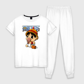 Женская пижама хлопок с принтом Малыш Луффи One Piece в Белгороде, 100% хлопок | брюки и футболка прямого кроя, без карманов, на брюках мягкая резинка на поясе и по низу штанин | anime | manga | monkey d. luffy | one piece | аниме | большой куш | ван пис | вон пис | капитан | король пиратов | луси | луфи | луффи | луффи но уми | луффи таро | манга | манки д. луффи | мугивара | пират | пятый император