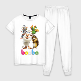 Женская пижама хлопок с принтом Буба и его друзья в Белгороде, 100% хлопок | брюки и футболка прямого кроя, без карманов, на брюках мягкая резинка на поясе и по низу штанин | anime | booba | brownie | cartoon series | childrens | friends | guga | hedgehog | lula | parrot | rat | spike | аниме | буба | гуга | детский | домовой | друзья | ёж | крыса | мульт   сериал | попугай | спайк