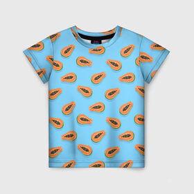 Детская футболка 3D с принтом Папайа паттерн в Белгороде, 100% гипоаллергенный полиэфир | прямой крой, круглый вырез горловины, длина до линии бедер, чуть спущенное плечо, ткань немного тянется | вегетарианец | еда | зож | иллюстрация | летний принт | папайа | паттерн | правильное питание | рисунок | фрукты