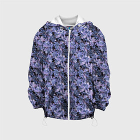 Детская куртка 3D с принтом Сине-фиолетовый цветочный узор в Белгороде, 100% полиэстер | застежка — молния, подол и капюшон оформлены резинкой с фиксаторами, по бокам — два кармана без застежек, один потайной карман на груди, плотность верхнего слоя — 90 г/м2; плотность флисового подклада — 260 г/м2 | Тематика изображения на принте: однотонный | ретро | синие цветы | темный узор | цветочный узор | цветы