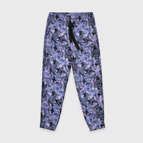 Детские брюки 3D с принтом Сине-фиолетовый цветочный узор в Белгороде, 100% полиэстер | манжеты по низу, эластичный пояс регулируется шнурком, по бокам два кармана без застежек, внутренняя часть кармана из мелкой сетки | однотонный | ретро | синие цветы | темный узор | цветочный узор | цветы