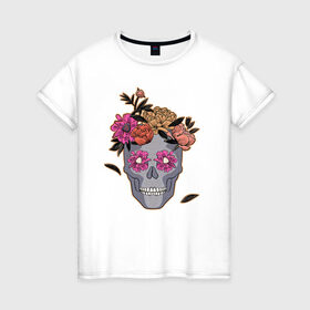 Женская футболка хлопок с принтом День мертвых Мексика в Белгороде, 100% хлопок | прямой крой, круглый вырез горловины, длина до линии бедер, слегка спущенное плечо | calavera | sugar skull | день мертвых | иллюстрация | калавера | мексика | мексиканская вечеринка | мехико | рисунок | цветы | череп | череп с цветами
