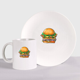 Набор: тарелка + кружка с принтом Даблмак в Белгороде, керамика | Кружка: объем — 330 мл, диаметр — 80 мм. Принт наносится на бока кружки, можно сделать два разных изображения. 
Тарелка: диаметр - 210 мм, диаметр для нанесения принта - 120 мм. | бургер | вредная еда | гамбургер | иллюстрация | макдак | чизбургер