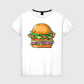Женская футболка хлопок с принтом Даблмак в Белгороде, 100% хлопок | прямой крой, круглый вырез горловины, длина до линии бедер, слегка спущенное плечо | Тематика изображения на принте: бургер | вредная еда | гамбургер | иллюстрация | макдак | чизбургер