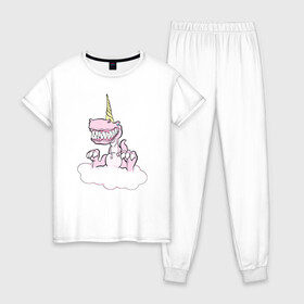 Женская пижама хлопок с принтом Динорог в Белгороде, 100% хлопок | брюки и футболка прямого кроя, без карманов, на брюках мягкая резинка на поясе и по низу штанин | Тематика изображения на принте: динозавр | зубы | нежность | облако | рог