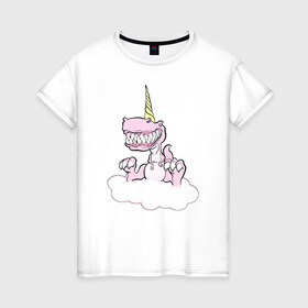 Женская футболка хлопок с принтом Динорог в Белгороде, 100% хлопок | прямой крой, круглый вырез горловины, длина до линии бедер, слегка спущенное плечо | Тематика изображения на принте: динозавр | зубы | нежность | облако | рог