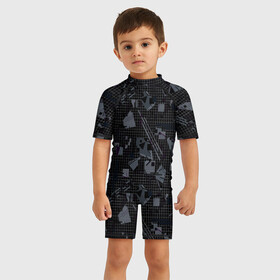 Детский купальный костюм 3D с принтом Темный серый узор мемфис в Белгороде, Полиэстер 85%, Спандекс 15% | застежка на молнии на спине | абстрактный | геометрический | детский | клетка | клетчатый узор | линии | мемфис | популярный | современный | темно черный | школьный