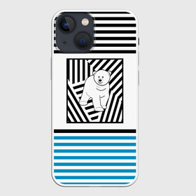 Чехол для iPhone 13 mini с принтом Белый медведь . в Белгороде,  |  | белый медведь | детский | зима | медведь | новый год | полосатый узор | полосы | синий полосы | черные полосы