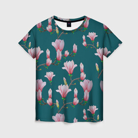 Женская футболка 3D с принтом Розовые магнолии на бирюзовом в Белгороде, 100% полиэфир ( синтетическое хлопкоподобное полотно) | прямой крой, круглый вырез горловины, длина до линии бедер | 8 марта | flowers | summer | бирюзовый | ботаническая иллюстрация | весна | зеленый | лето | любовь | магнолия | праздник | принт | природа | растения | розовый | цветы