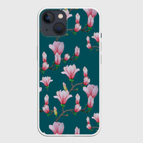 Чехол для iPhone 13 с принтом Розовые магнолии на бирюзовом в Белгороде,  |  | 8 марта | flowers | summer | бирюзовый | ботаническая иллюстрация | весна | зеленый | лето | любовь | магнолия | праздник | принт | природа | растения | розовый | цветы