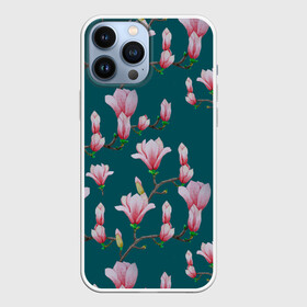 Чехол для iPhone 13 Pro Max с принтом Розовые магнолии на бирюзовом в Белгороде,  |  | 8 марта | flowers | summer | бирюзовый | ботаническая иллюстрация | весна | зеленый | лето | любовь | магнолия | праздник | принт | природа | растения | розовый | цветы