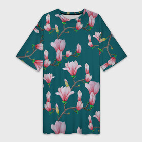 Платье-футболка 3D с принтом Розовые магнолии на бирюзовом в Белгороде,  |  | 8 марта | flowers | summer | бирюзовый | ботаническая иллюстрация | весна | зеленый | лето | любовь | магнолия | праздник | принт | природа | растения | розовый | цветы