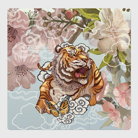 Магнитный плакат 3Х3 с принтом Тигр в облаках в Белгороде, Полимерный материал с магнитным слоем | 9 деталей размером 9*9 см | Тематика изображения на принте: бабочка | восточные мотивы | нежность | облака | сакура | тигр | хищник | цветы
