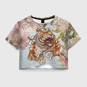 Женская футболка Crop-top 3D с принтом Тигр в облаках в Белгороде, 100% полиэстер | круглая горловина, длина футболки до линии талии, рукава с отворотами | бабочка | восточные мотивы | нежность | облака | сакура | тигр | хищник | цветы